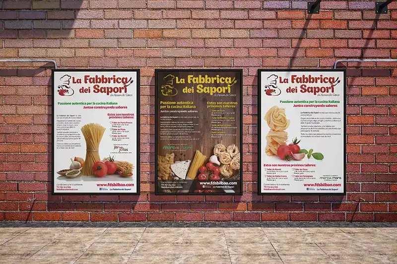 Diseños de tres carteles diferentes para La Fabbrica dei Sapori
