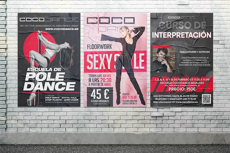 Tres diseños de carteles para cursos y clases de pole dance de Academia Cocodance