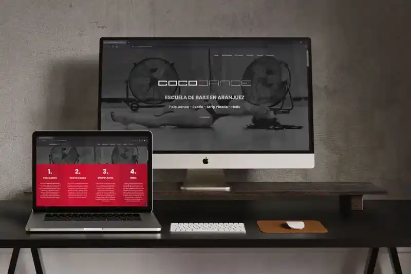 Página web corporativa responsive de Academia Cocodance mostrada en ordenador y portátil