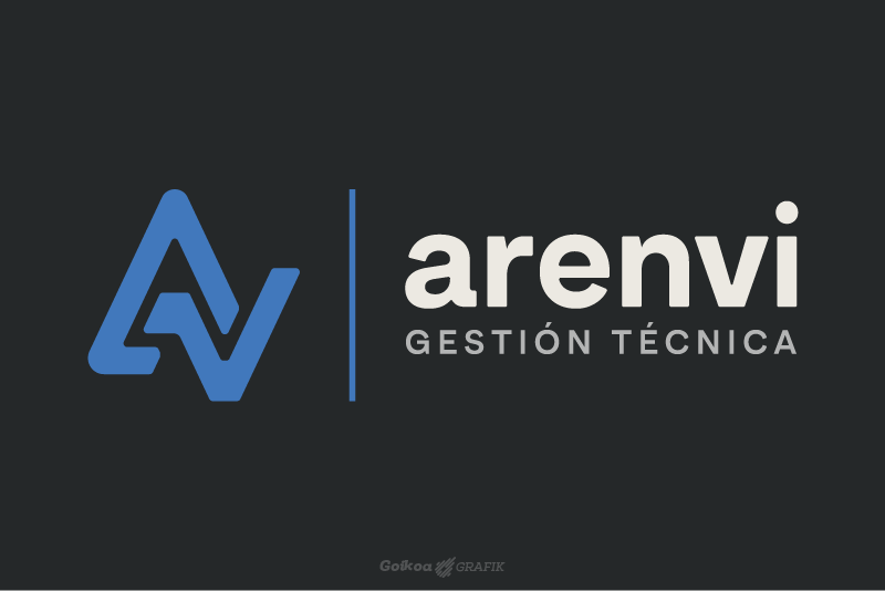 Logotipo de Arenvi, empresa de arquitectura técnica de Bilbao, en versión horizontal sobre fondo gris oscuro
