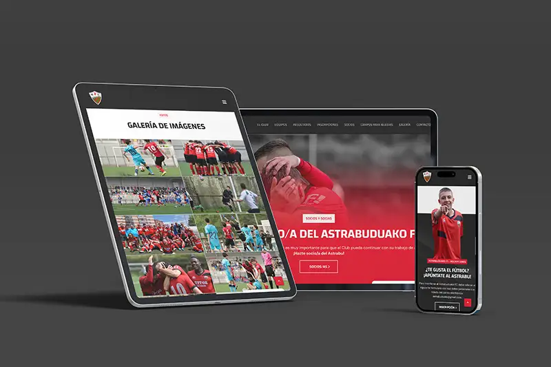 Diferentes páginas de la web de Astrabuduako FT en tablet y móvil con diseño responsive