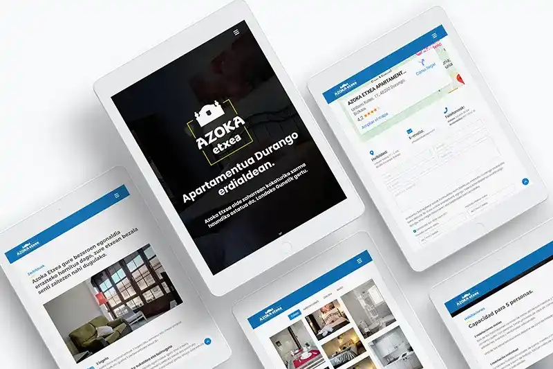 Páginas de la web de Azoka Etxea para su apartamento turístico en Durango, mostradas en una tablet