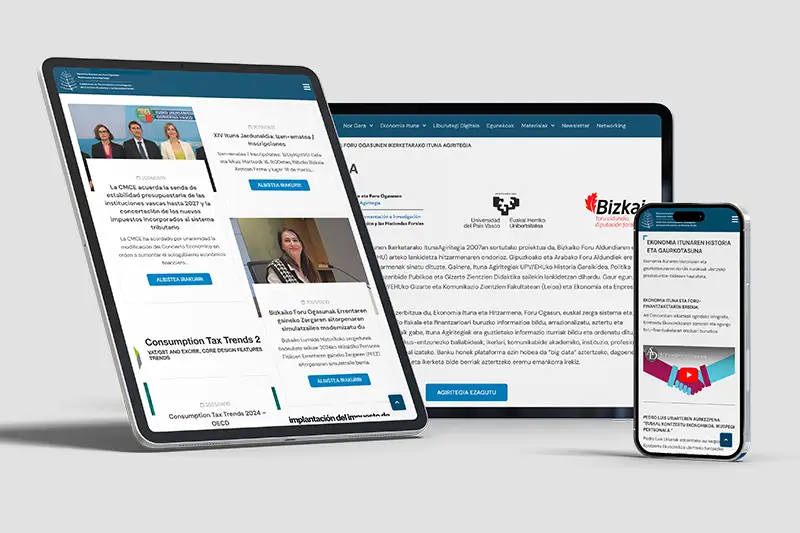 Diseño web profesional de Centro Ituna Agiritegia de la Universidad del País Vasco / Euskal Herriko Unibertsitatea (UPV/EHU), con las secciones Noticias, Quiénes Somos y Multimedia en tablet y móvil