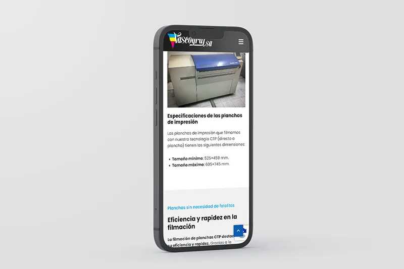 Página de servicios de Imprenta Vascograf, empresa de artes gráficas de Bizkaia, vista en móvil con diseño responsive