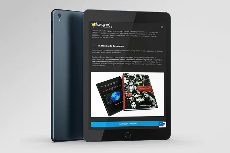 Web corporativa de Imprenta Vascograf, empresa de Arrigorriaga, vista en tablet