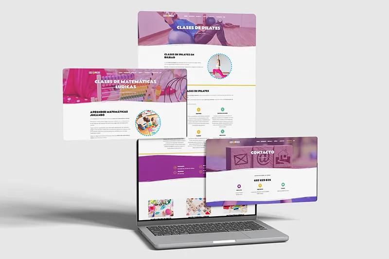Diferentes páginas del sitio web de Izi Pizi Akademia para sus servicios de euskera, inglés y apoyo escolar