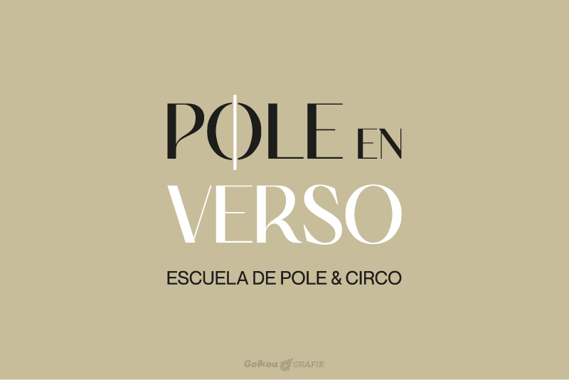 Logotipo vertical de Pole en Verso, escuela de pole dance y artes de circo de Bilbao, sobre fondo dorado