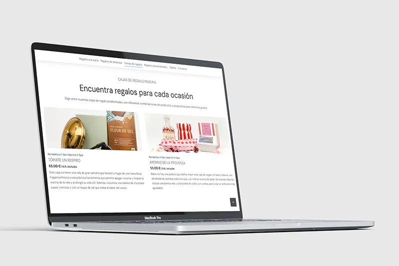 Catálogo de productos de la tienda online de Musuka, empresa de regalos de Erandio, mostrado en ordenador