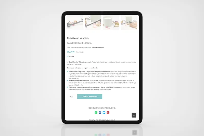 Ficha de producto de la tienda online de regalos Musuka, empresa de Bilbao, vista en tablet con diseño responsive